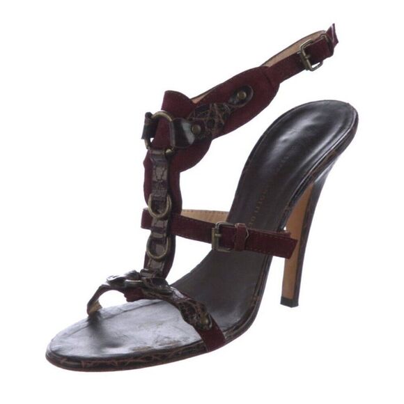 giuseppe zanotti Brown Burgundy Leather T Strap High Heel Sandals 7 - Picture 1 of 9